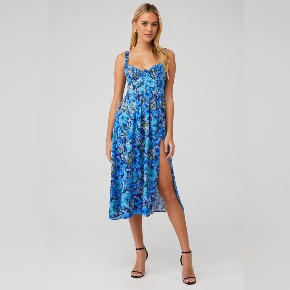 For Love And Lemons Blue Floral Midi Dress